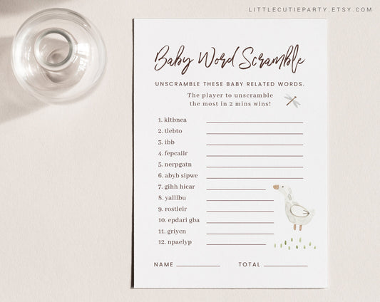 Editable Duck Baby Shower Word Scramble and Answer Key, Baby Shower Games, Gender Neutral Party Games DUCKBS001