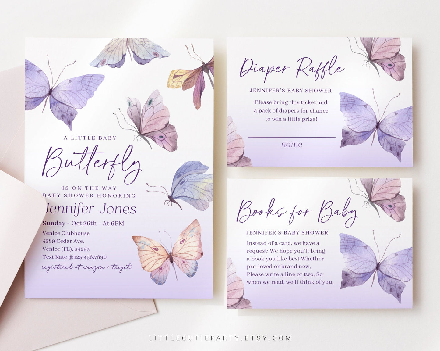 Editable Purple Butterfly Baby Shower Invitation, Butterfly Baby Shower Invitation, with Favor and Cards for Butterfly Party Theme BTFBS002