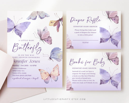 Editable Purple Butterfly Baby Shower Invitation, Butterfly Baby Shower Invitation, with Favor and Cards for Butterfly Party Theme BTFBS002
