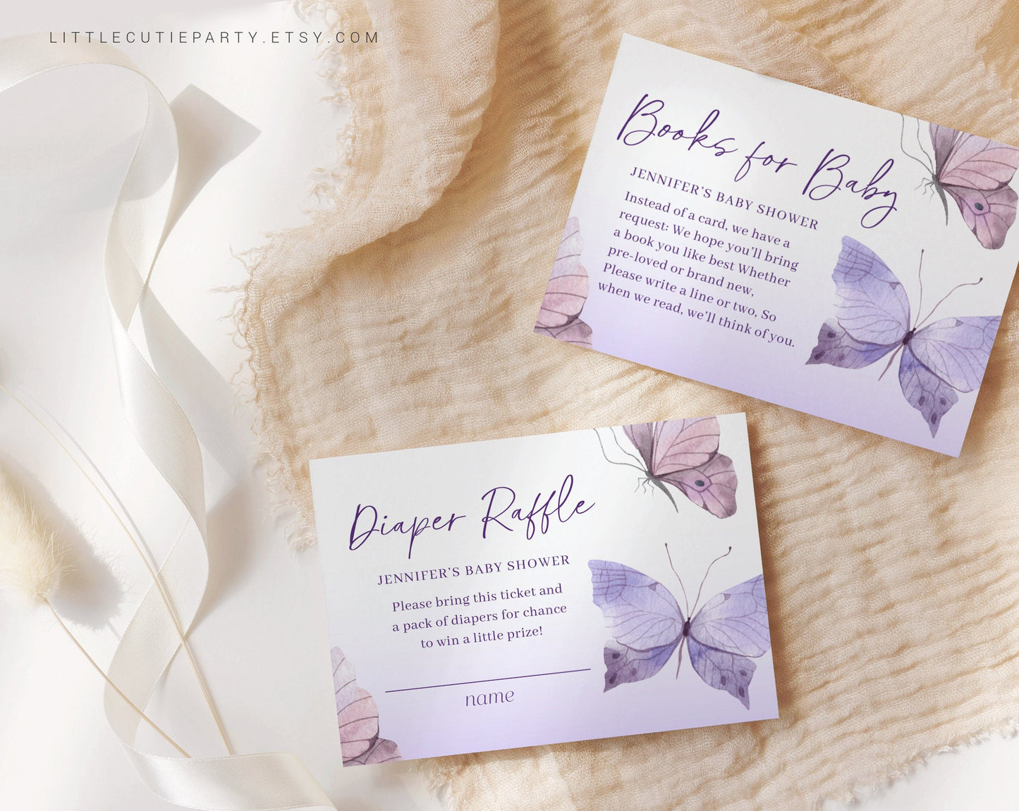 Editable Purple Butterfly Baby Shower Invitation, Butterfly Baby Shower Invitation, with Favor and Cards for Butterfly Party Theme BTFBS002