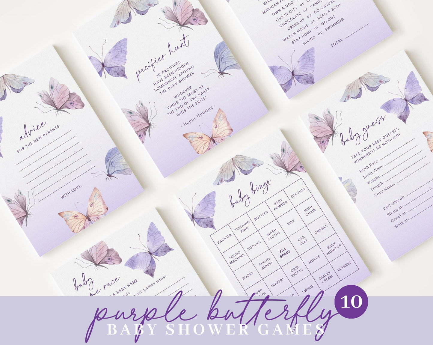 Editable Purple Butterfly Baby Shower Bundle, Purple Butterfly bundle, with Games Bundle and All Decorations BTFBS002