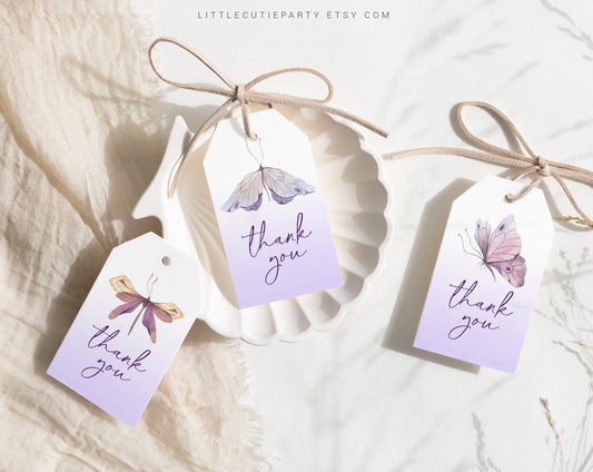 Editable Purple Butterfly Baby Shower Favors, Butterfly Favor Tag, 3 Thank you Tags for Dino Baby Shower Party BTFBS002