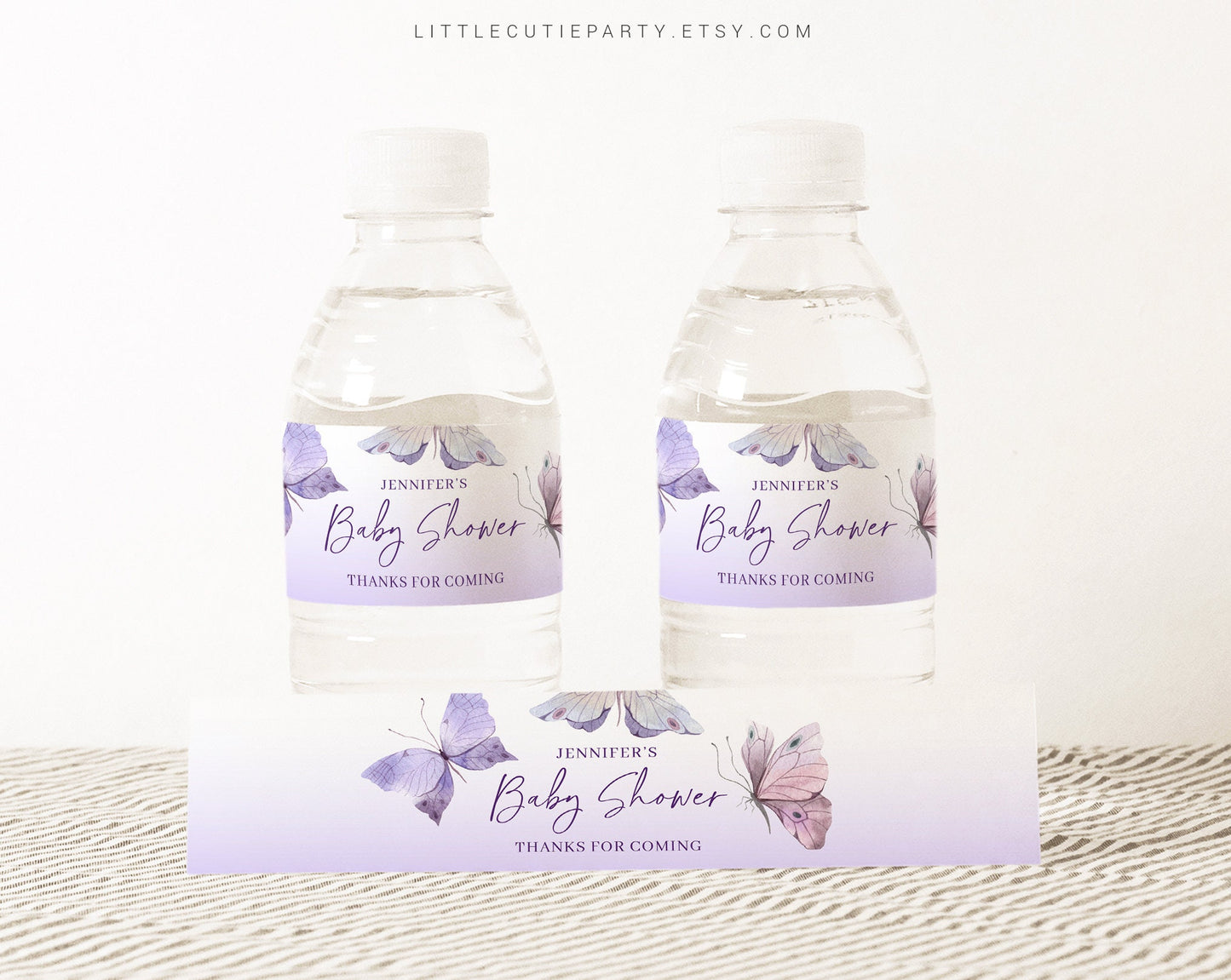 Editable Purple Butterfly Shower Water Bottle Labels, Butterflies Bottle Labels, for Baby Shower Butterfly Party BTFBS002