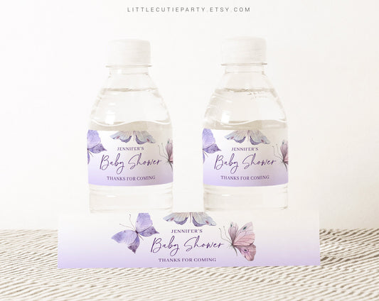 Editable Purple Butterfly Shower Water Bottle Labels, Butterflies Bottle Labels, for Baby Shower Butterfly Party BTFBS002