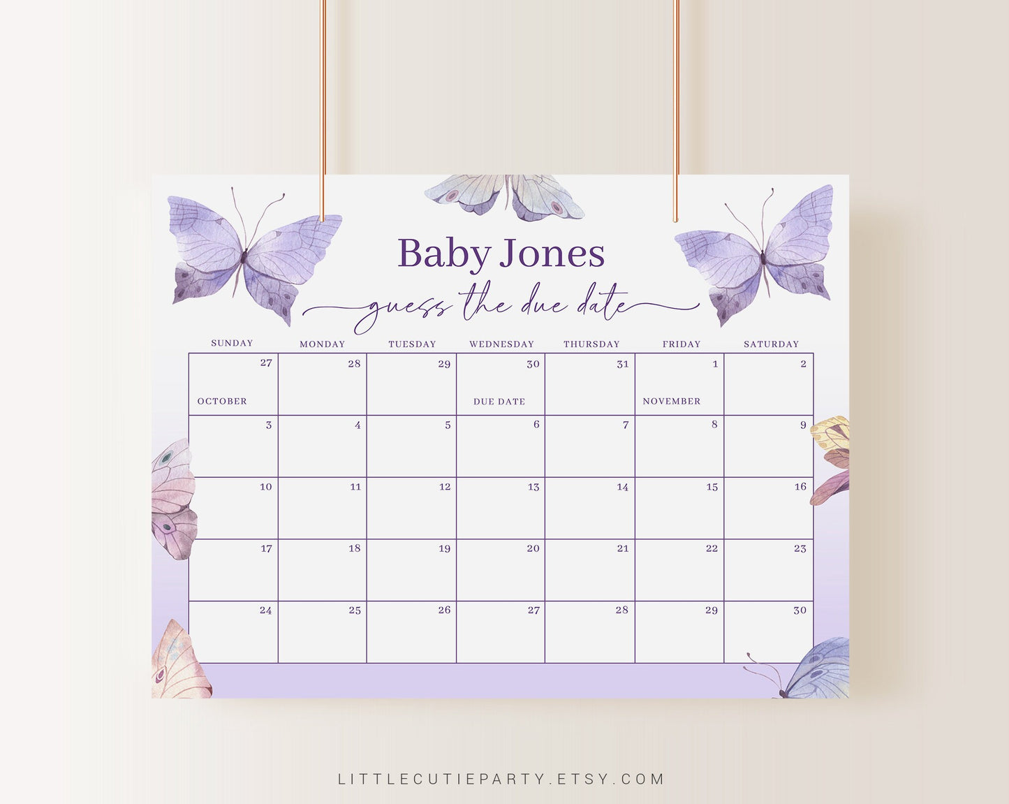 Editable Purple Butterfly Baby Shower Due Date, Butterfly Baby Shower Games, Due Date Calendar for Baby Shower Party BTFBS002