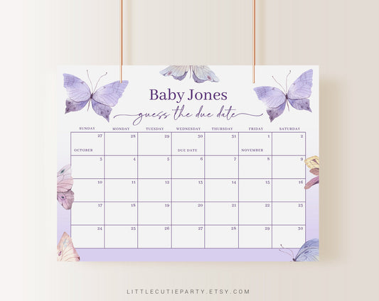 Editable Purple Butterfly Baby Shower Due Date, Butterfly Baby Shower Games, Due Date Calendar for Baby Shower Party BTFBS002