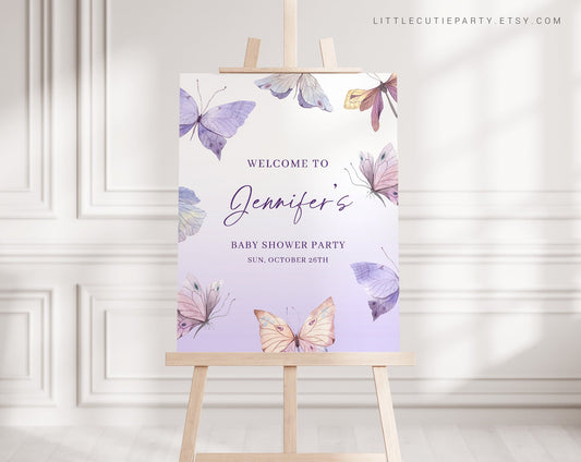 Editable Butterfly Baby Shower Welcome Sign, Purple Butterfly Baby Shower Sign, Welcome Board, Welcome Template BTFBS002