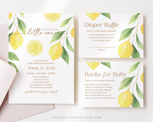 Editable Lemon Baby Shower Invitation, Lemonade Baby Shower with Diaper Raffle, Books for Baby and Gift Tag LMNBS001
