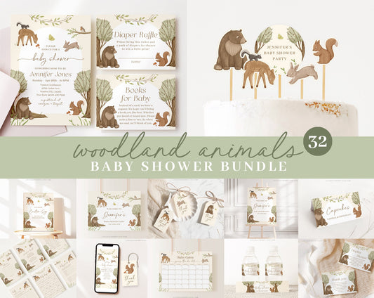 Editable Woodland Baby Shower Invitation Bundle, Woodland Bundle, Woodland Animals Baby Shower with Games Bundle and All Decorations WOOD001