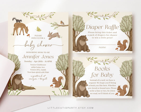 Editable Boho Woodland Baby Shower Invitation, Woodland Baby Shower with Diaper Raffle, Books for Baby and Gift Tag WOOD001