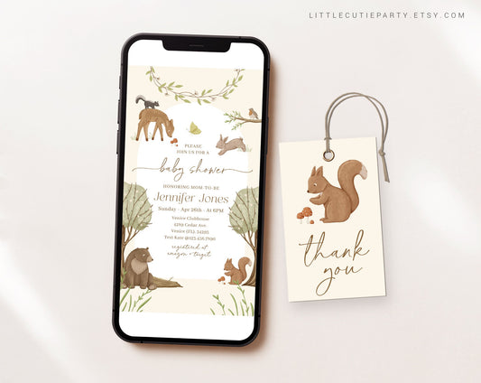 Editable Woodland Baby Shower Digital Invitation, Boho Woodland Evite, Woodland Baby Shower Digital Invite, Electronic Invite WOOD001