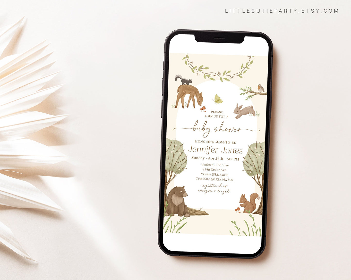 Editable Woodland Baby Shower Digital Invitation, Boho Woodland Evite, Woodland Baby Shower Digital Invite, Electronic Invite WOOD001