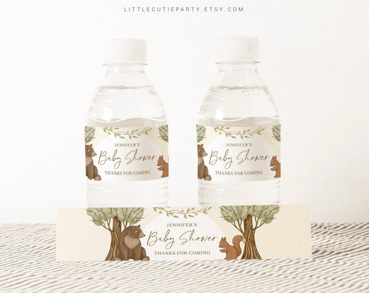 Editable Woodland Theme Water Bottle Labels, Bottle Label Boho Woodland Baby Shower Party Decoration WOOD001