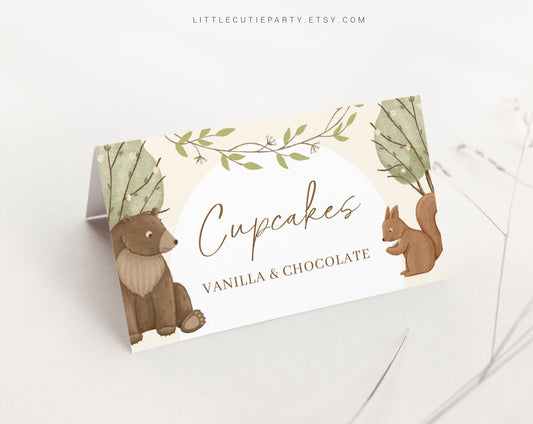 Editable Woodland Animals Baby Shower Food Labels, Food Tent cards, Folded Food Cards for Woodland Theme WOOD001
