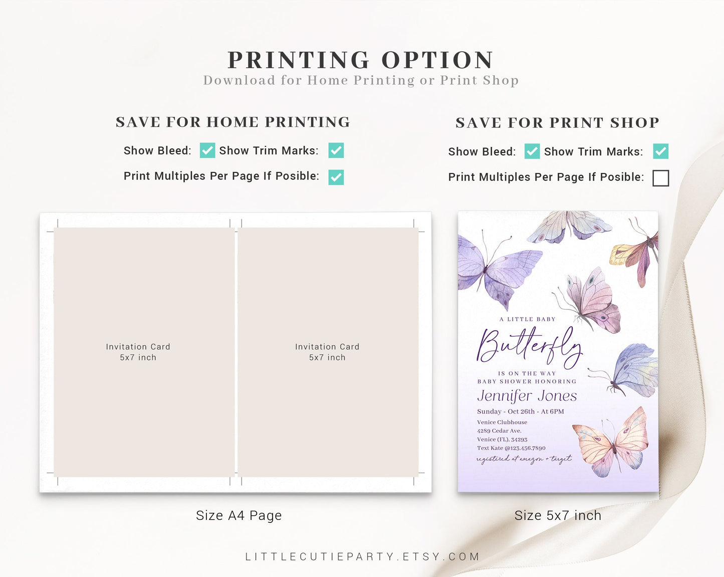Editable Purple Butterfly Baby Shower Invitation, Butterfly Baby Shower Invitation, with Favor and Cards for Butterfly Party Theme BTFBS002