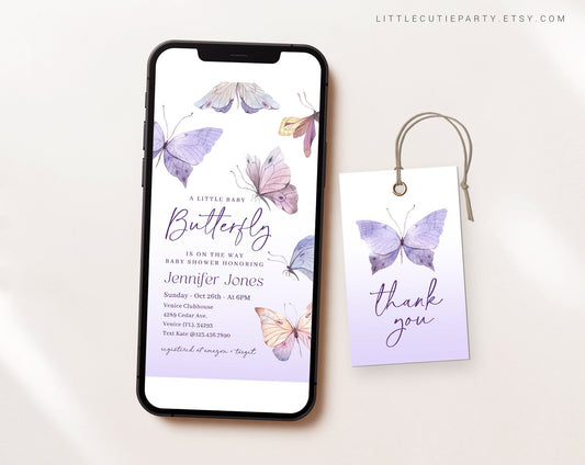 Editable Purple Butterfly Evite, Purple Butterfly Baby Shower Invitation Digital, Electronic Invite BTFBS002