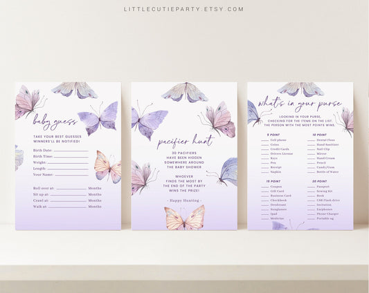 10 Editable Purple Butterfly Babyshower Games, Baby Shower Games Bundle, Gender Neutral Party Games BTFBS002