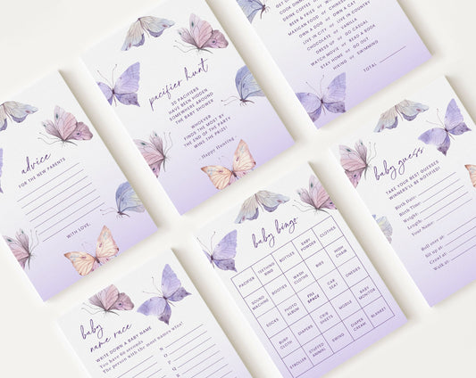 10 Editable Purple Butterfly Babyshower Games, Baby Shower Games Bundle, Gender Neutral Party Games BTFBS002
