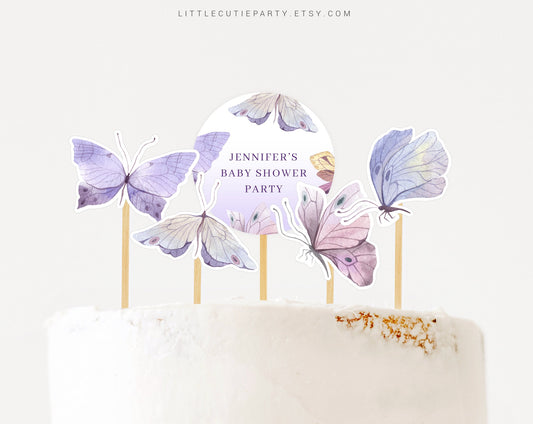 Editable Butterfly Baby Shower Cake Topper, Purple Butterfly Cupcake Topper for Baby Shower Party BTFBS002