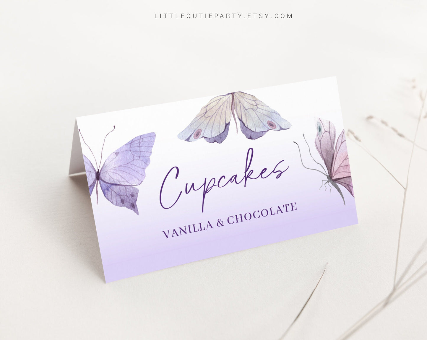 Editable Butterfly Baby Shower Food Labels, Food Tent cards, Folded Food Cards for Purple Butterfly Baby Shower Decorations BTFBS002