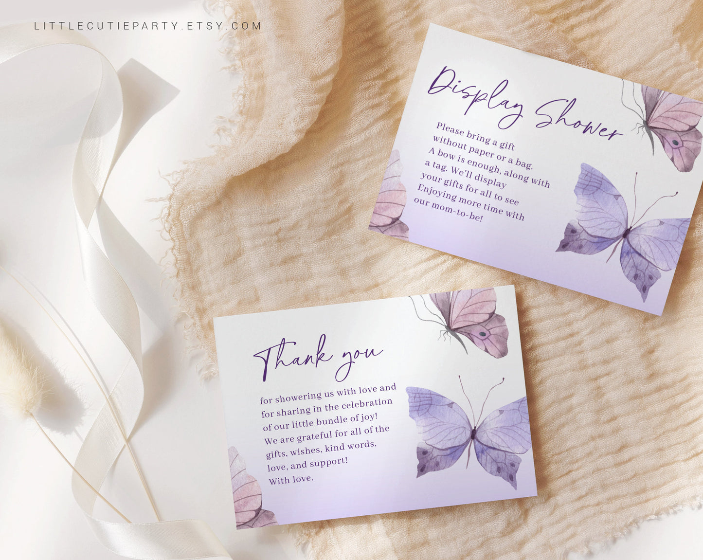 Editable Purple Butterfly Thank you Card, Baby Shower Display Card for Butterfly Baby Shower Party BTFBS002