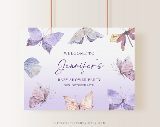 Editable Butterfly Baby Shower Banner, Purple Butterfly Backdrop, Vinyl Banner for Baby Shower Party BTFBS002