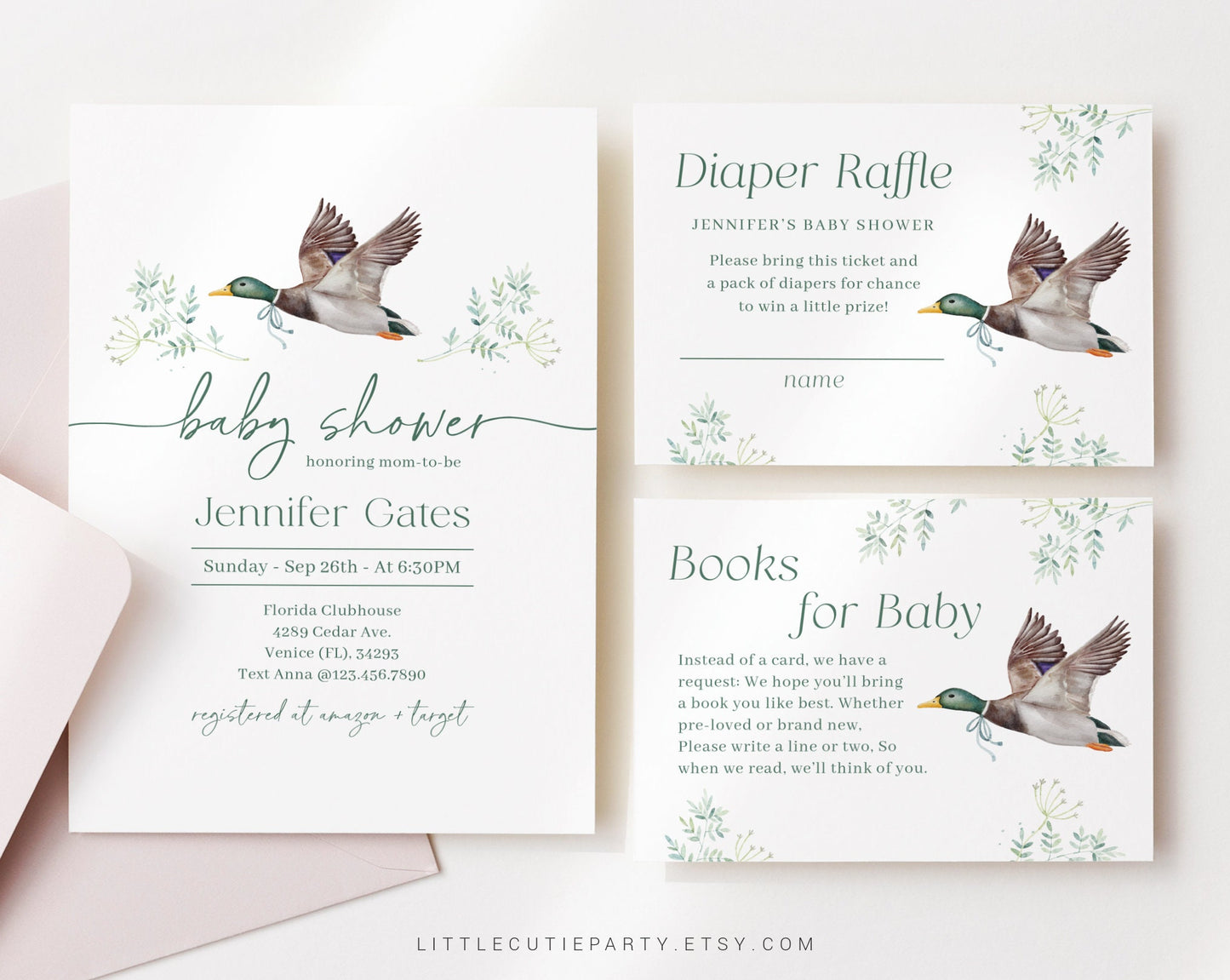 Editable Mallard Duck Baby Shower Invitation Set, with Diaper Raffle, Books for Baby and Gift Tag MALBS001