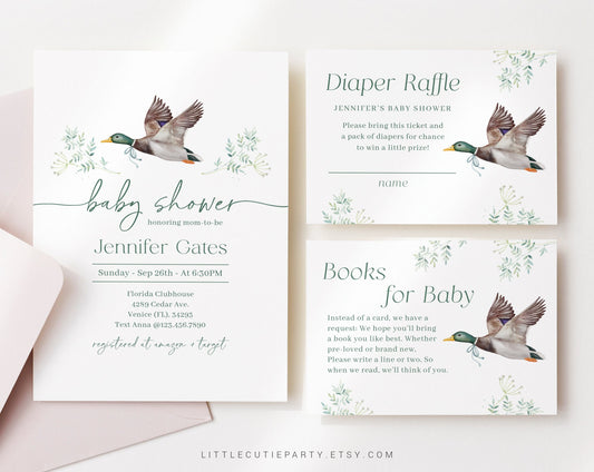 Editable Mallard Duck Baby Shower Invitation Set, with Diaper Raffle, Books for Baby and Gift Tag MALBS001