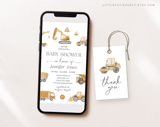 Editable Construction Baby Shower Invite, Construction Baby Shower Evite, Truck Baby Shower Digital Invite for Construction Party CONSBS001