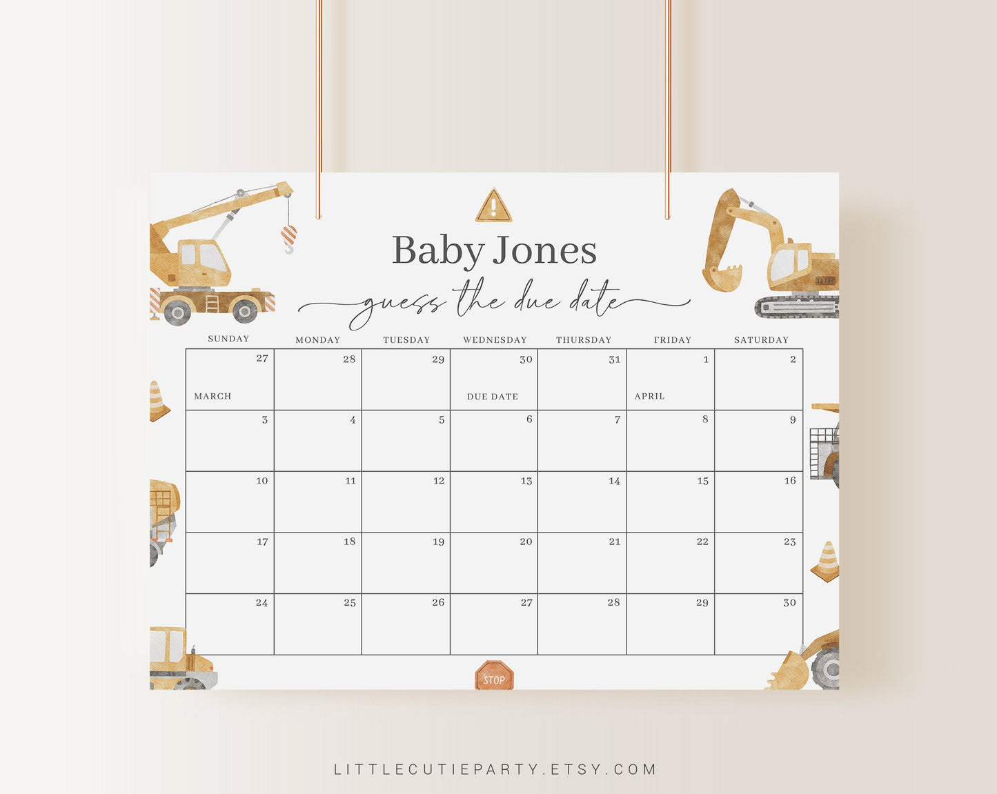 Editable Construction Baby Shower Calendar, Construction Due Date Calendar, Baby Shower Due Date Calendar Games for Shower Party CONSBS001