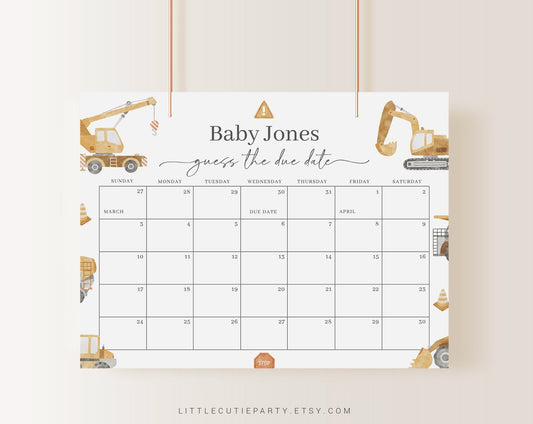 Editable Construction Baby Shower Calendar, Construction Due Date Calendar, Baby Shower Due Date Calendar Games for Shower Party CONSBS001