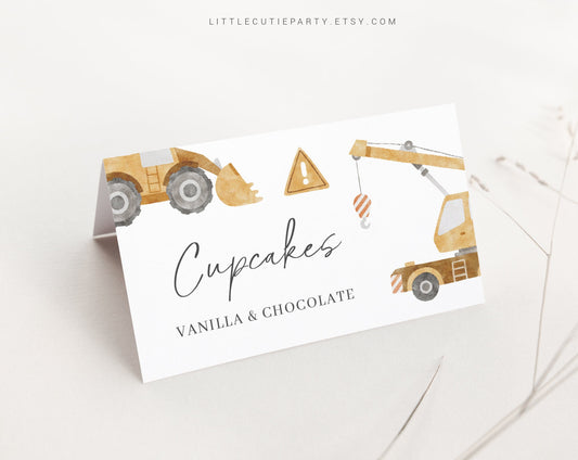 Editable Construction Baby Shower Food Labels, Food Tent cards, Folded Food Cards for Kids Vehicle Baby Shower Theme CONSBS001