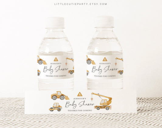 Editable Construction Water Bottle Labels, Bottle Label Construction Cars Baby Shower Party Decoration CONSBS001