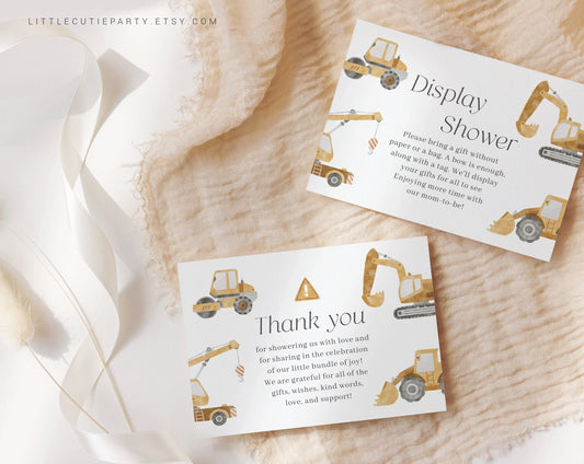Editable Construction Baby Shower Thank you Card, Baby Shower Display Card for Construction Truck Baby Shower Party CONSBS001
