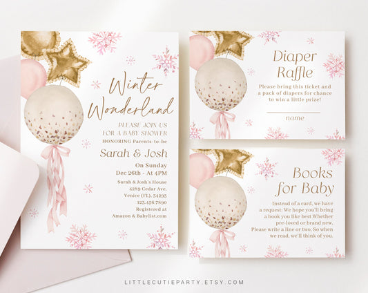 Editable Pink Winter Wonderland Baby Shower Invitation for Girl, Snowflake Baby Shower with Diaper Raffle, Books for Baby and Tag WINWBS001