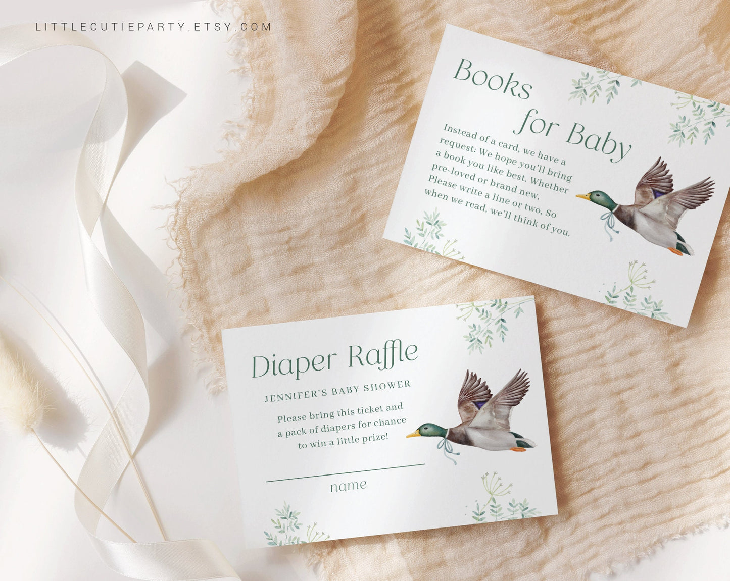 Editable Mallard Duck Baby Shower Invitation Set, with Diaper Raffle, Books for Baby and Gift Tag MALBS001