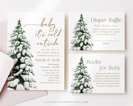 Editable Baby Its Cold Outside Baby Shower Invitation, Winter Baby Shower with Diaper Raffle, Books for Baby and Gift Tag WINBS001