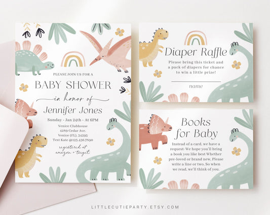 Editable Dinosaur Baby Shower Invitation, Baby Shower Invitation Dinosaur, Baby Dinosaur Shower Set with Diaper Raffle and Tag DINOBS001