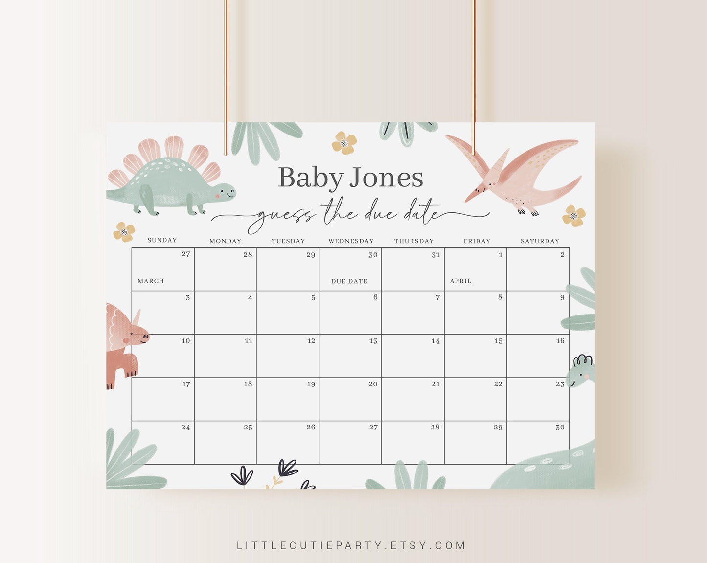 Editable Dinosaur Baby Shower Calendar, Dinosaur Due Date Calendar, Dinosaur Due Date Calendar Games for Shower Party DINOBS001
