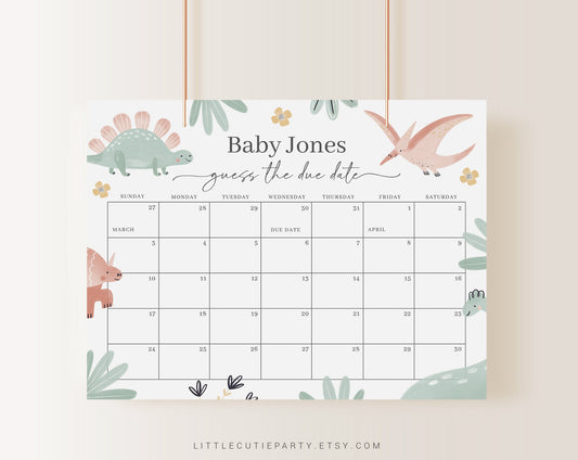 Editable Dinosaur Baby Shower Calendar, Dinosaur Due Date Calendar, Dinosaur Due Date Calendar Games for Shower Party DINOBS001