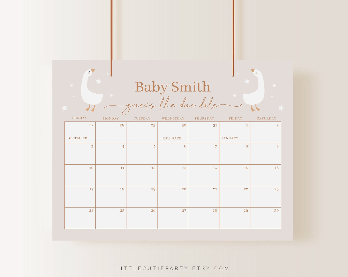 Editable Duck Baby Shower Due Date, Goose Baby Calendar Game, Due Date Calendar for Duck Party DUCKBS003