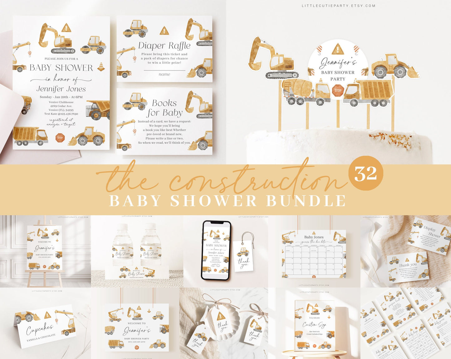 Editable Construction Baby Shower Bundle, Construction Baby Shower Invitation Set with Games Bundle and All Decorations CONSBS001
