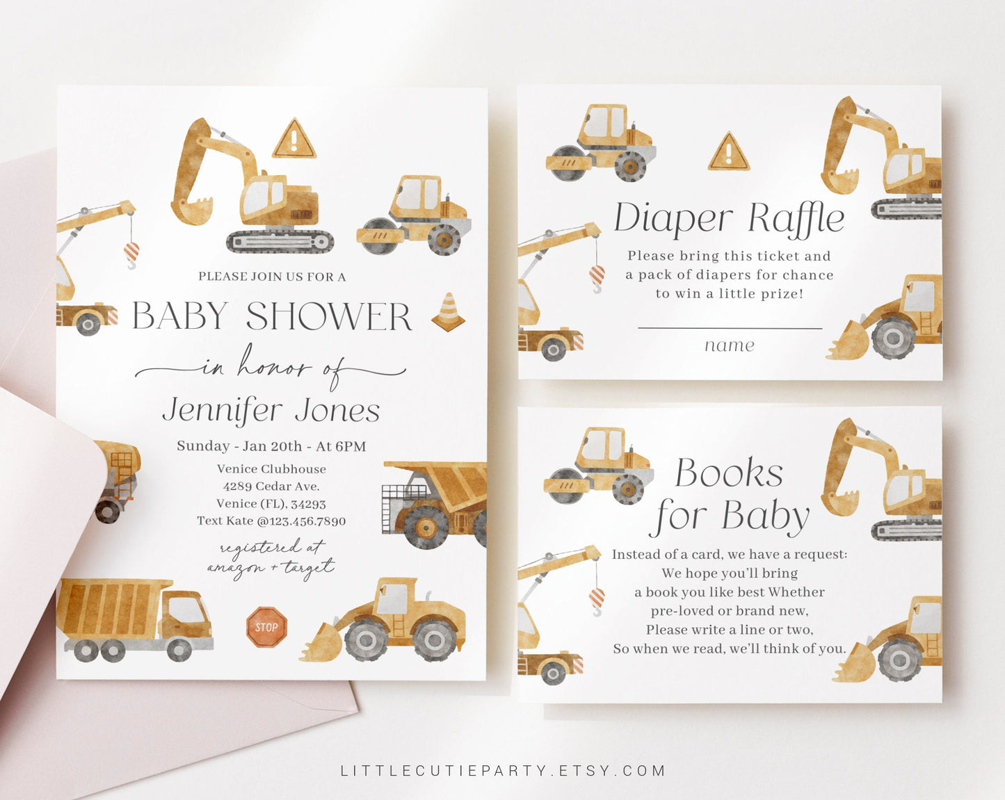Editable Construction Baby Shower Invitation,Truck Baby Shower with Diaper Raffle, Books for Baby and Gift Tag Construction Party CONSBS001
