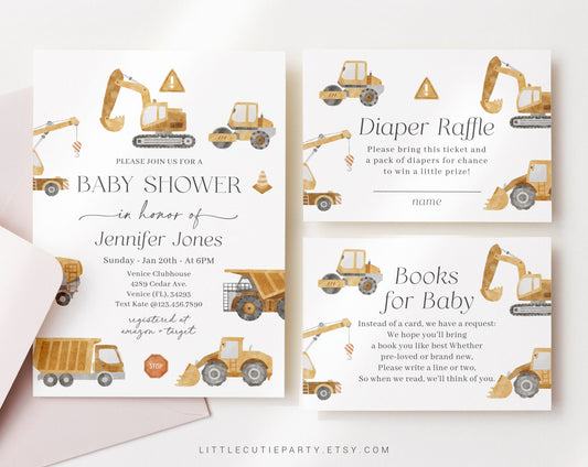 Editable Construction Baby Shower Invitation,Truck Baby Shower with Diaper Raffle, Books for Baby and Gift Tag Construction Party CONSBS001