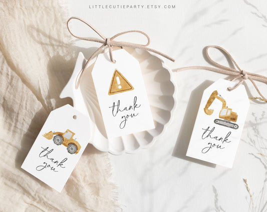 Editable Construction Baby Shower Favors, Thank You Favor Tag, 3 Thank you Tags for Construction Baby Shower Party Decorations CONSBS001