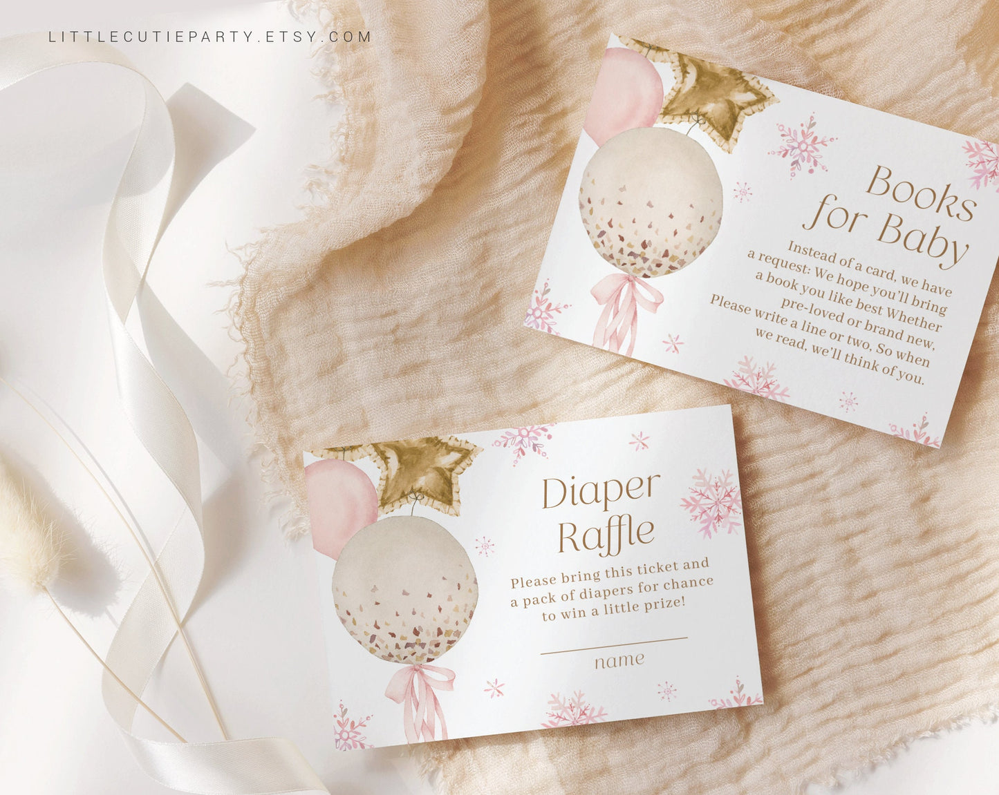 Editable Pink Winter Wonderland Baby Shower Invitation for Girl, Snowflake Baby Shower with Diaper Raffle, Books for Baby and Tag WINWBS001