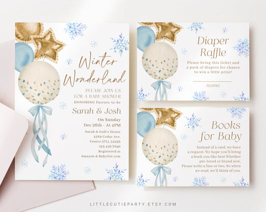 Editable Blue Winter Wonderland Baby Shower Invitation for Boy, Snowflake Baby Shower with Diaper Raffle, Books for Baby and Tag WINWBS001