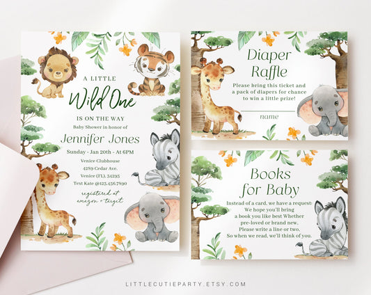 Editable Safari Baby Shower Invitation, Invitation Card Safari Baby Shower with Diaper Raffle, Books for Baby and Gift Tag SAFRBS001