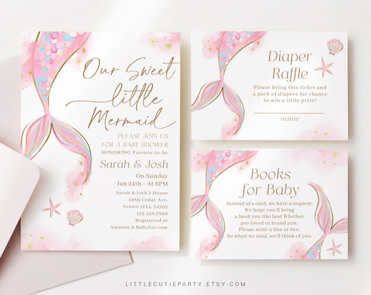 Editable Mermaid Baby Shower Invitation, Pink Mermaid Baby Shower, Mermaid Invite with Diaper Raffle, Books for Baby and Gift Tag MRMBS001