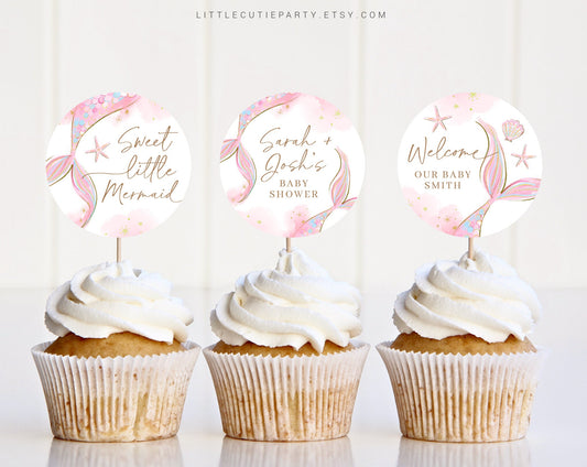 Editable Mermaid Baby Shower Cupcake Toppers, Cake Toppers, Baby Shower Cake Topper for Mermaid Baby Shower Decorations MRMBS001